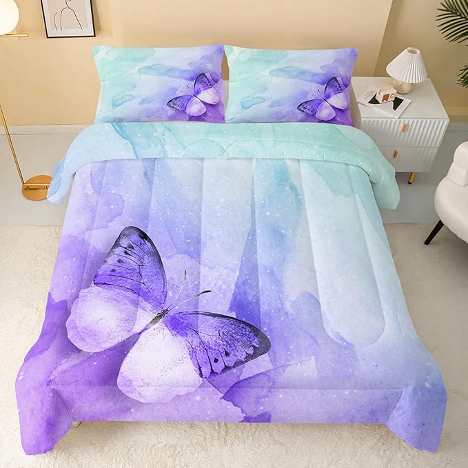 Butterfly Comforter Twin Size,Watercolor Butterfly Kids Comforter Set,3Pcs Bedding Set Printed Comforter with 2 Pillowcases,Down Alternative,Soft and Lightweight,for All Seasons