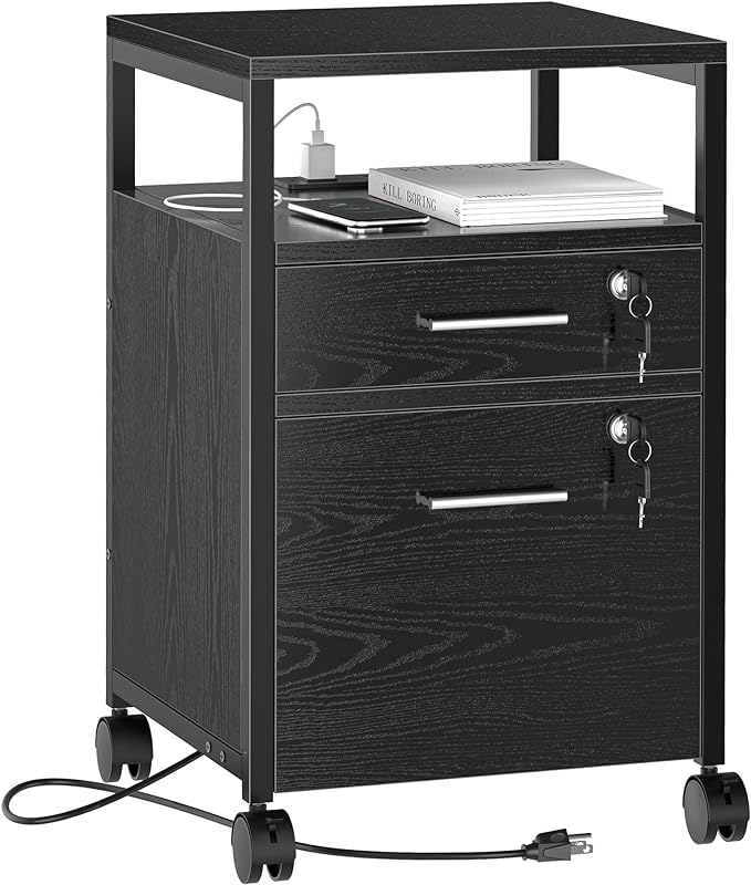 SUPERJARE File Cabinet with Lock & Charging Station, 2 Drawers Rolling Filing Cabinet, Office File Cabinet with Wheels & Open Shelf, for Home Office, A4/Letter Size Files Under Desk - Black