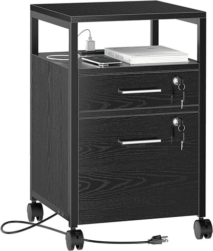 SUPERJARE File Cabinet with Lock & Charging Station, 2 Drawers Rolling Filing Cabinet, Office File Cabinet with Wheels & Open Shelf, for Home Office, A4/Letter Size Files Under Desk - Black