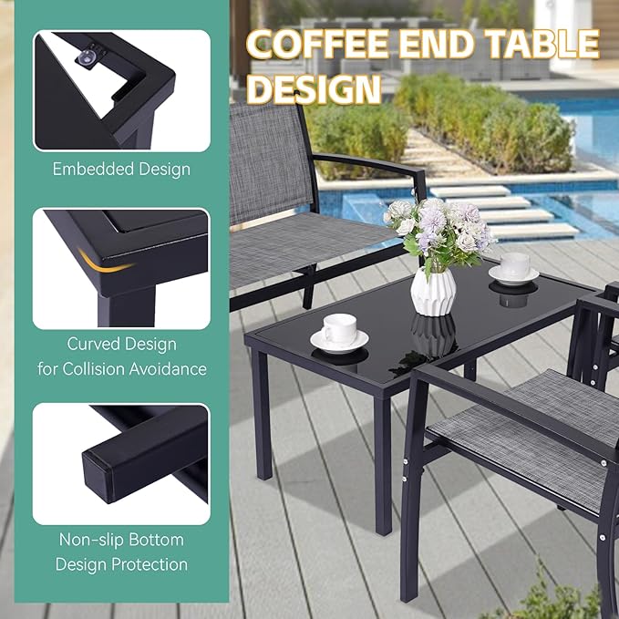 4 Pieces Patio Furniture Set Outdoor Garden Patio Conversation Sets Poolside Lawn Chairs with Tempered Glass Coffee Table Loveseat Porch Furniture Textilene Fabric Grey