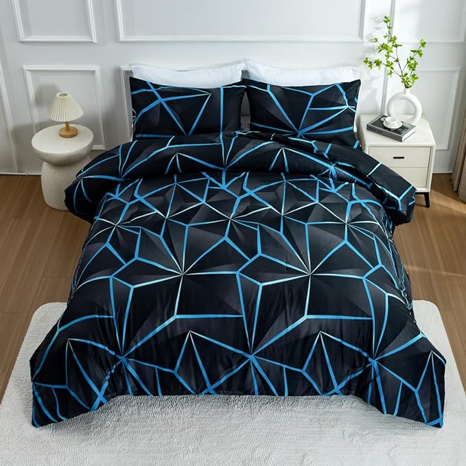 NTBED 3D Geometric Comforter Set for Boys Kids, Irregular Diamond Pattern Lightweight Microfiber Bedding Sets All Season (Blue,Full)