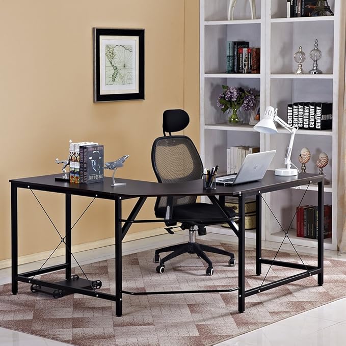 DlandHome L-Shaped Computer Desk 59 inches x 59 inches, Composite Wood and Metal, Home Office PC Laptop Study Workstation Corner Table with CPU Stand, Brown Black and Black Legs, ZJ02-BB