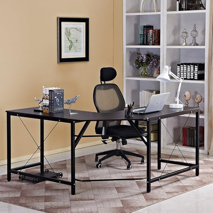 DlandHome L-Shaped Computer Desk 59 inches x 59 inches, Composite Wood and Metal, Home Office PC Laptop Study Workstation Corner Table with CPU Stand, Brown Black and Black Legs, ZJ02-BB