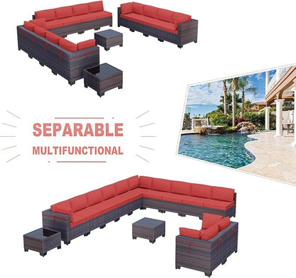 Kullavik 14PCS Outdoor Patio Furniture Set PE Wicker Rattan Sectional Sofa Patio Conversation Sets,Red