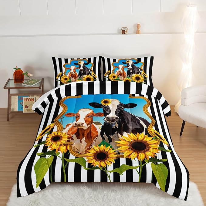 HOSIMA Animal Theme Bedding Set Bull and Cow Comforter with 2 Pillowcases,Black and White Stripes King Size Comforter Set for Adults Teens Kids,Sunflower Print Western Bedding Sets.