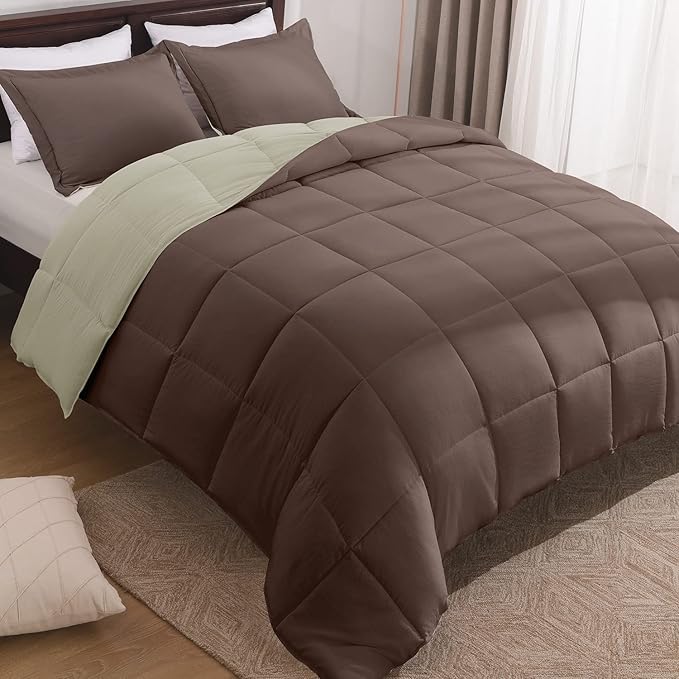 Basic Beyond Queen Comforter Set - Fluffy Comforter Queen Set for All Seasons - Reversible Comforter Set Queen Size for Mens - 3 Pieces (1 Comforter + 2 Pillow Shams) - Brown/Ivory