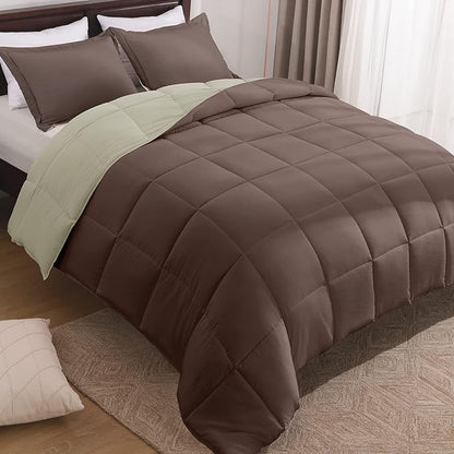 Basic Beyond King Size Comforter Set - Fluffy King Bed Comforter Set for All Seasons - Reversible Bedding King Size Comforter Set - 3 Pieces (1 Comforter + 2 Pillow Shams) - Brown/Ivory