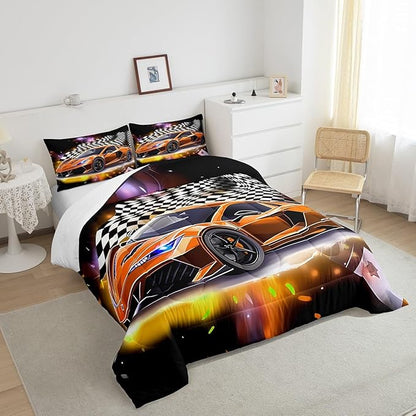 Feelyou Sports Car Comforter Set King Size, Orange Racing Car Bedding Set 3pcs for Kids Boys Teens Bedroom Cool Speed Luxury Car Decor, Black White Plaid Grid Print Quilt Set with 2 Pillowcases