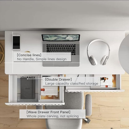 White Vanity Desk with 2 Drawers, Silver and White Desk,Home Office Desk Modern Makeup Vanity Table with Glossy Desktop,Writing Computer Standing Desk with Wood Top and Metal Legs
