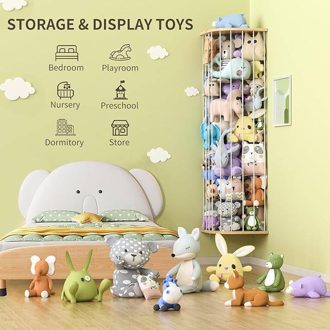Stuffed Animal Storage for Plushie Toys - Large Wood Corner Hanging Pet Storage with Sky Pattern, Length Adjustable Toy Organizer Shelf for Nursery Play Room Bedroom Kid Room