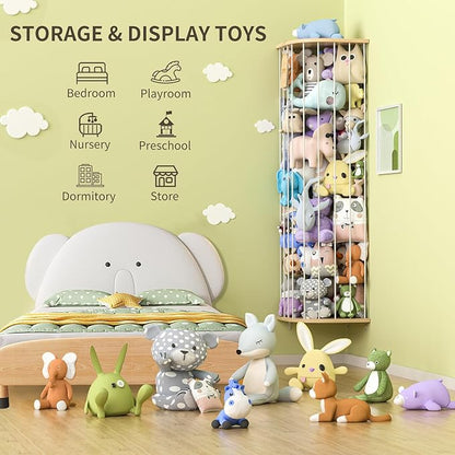 Stuffed Animal Storage for Plushie Toys - Large Wood Corner Hanging Pet Storage with Sky Pattern, Length Adjustable Toy Organizer Shelf for Nursery Play Room Bedroom Kid Room