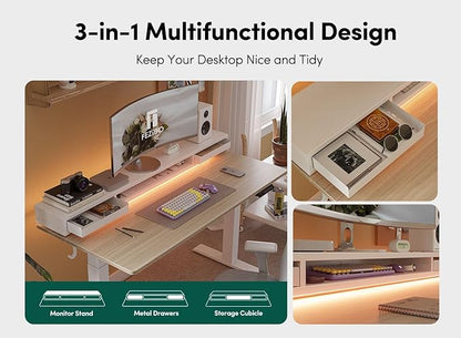 FEZIBO 55 × 26 Inch Electric Standing Desk with Monitor Stand, Height Adjustable Table with LED Strips, Ergonomic Home Office Desk with 2 Drawers Storage Gaming Workstation, Light Walnut