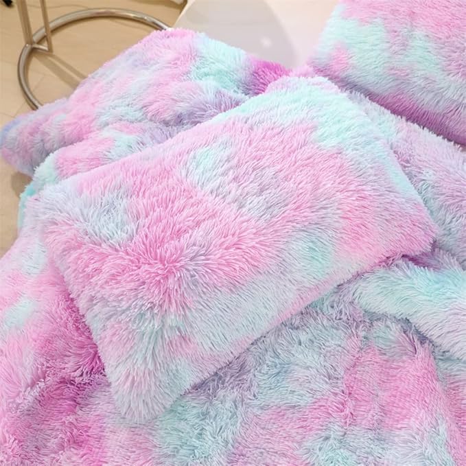 Faux Fur Kids Girls Purple Rainbow Comforter Sets Twin/Full - 3PC Bed Set Warm Comfortable Soft Plush Flannel Velvet Fluffy Fuzzy Bedding（Comforter x 1 Pillowcases x 2）