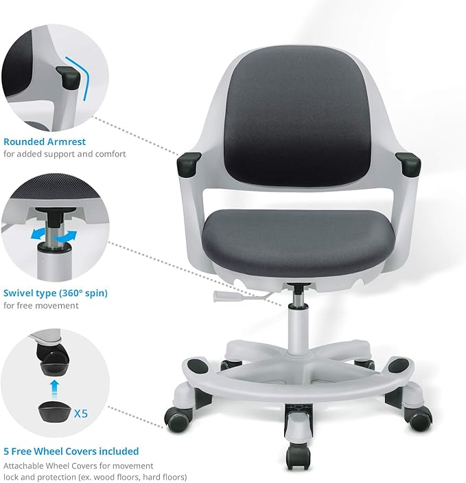 Kids Desk Chair: Ergonomic Kids Computer Chair | Adjustable Kids Office Chair with Wheels & Arms | Study Chair for Girls and Boys - Kids Chair Desk with Wheel Covers (Cyber Gray)