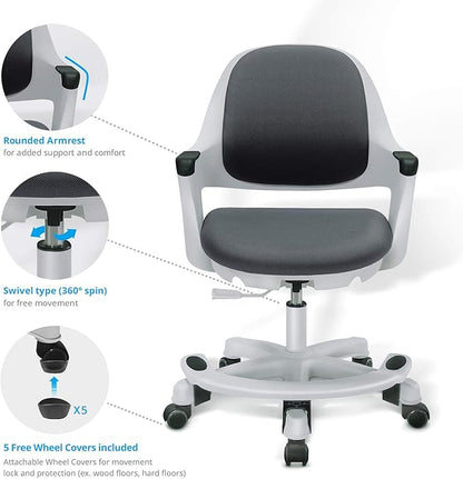 Kids Desk Chair: Ergonomic Kids Computer Chair | Adjustable Kids Office Chair with Wheels & Arms | Study Chair for Girls and Boys - Kids Chair Desk with Wheel Covers (Cyber Gray)