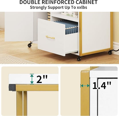 YITAHOME Wood File Cabinet with Charging Station, Rolling Filing Cabinet Cart with Door, Industrial Nightstand with Printer Shelf for Home Office, Bedroom, Living Room, Entryway, Gold and White