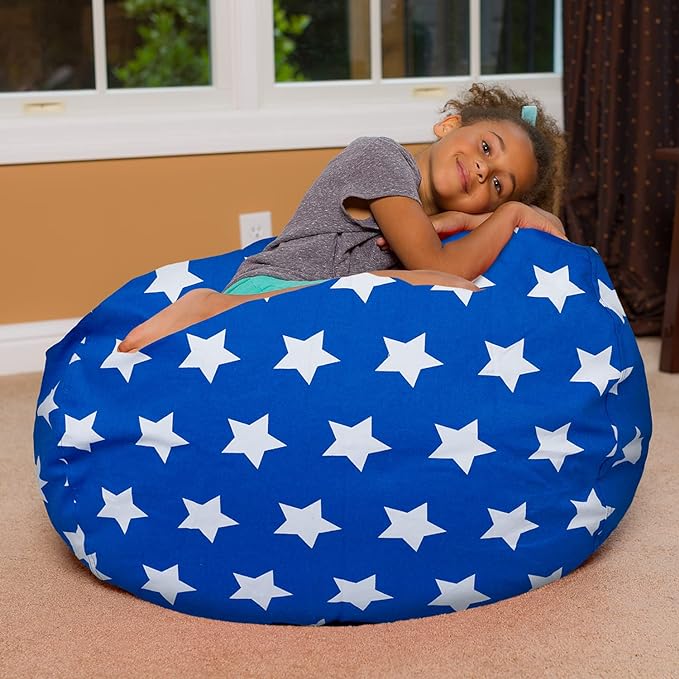 Posh Creations Bean Bag Chair for Kids, Teens, and Adults Includes Removable and Machine Washable Cover, 38in - Large, Canvas White Stars on Blue