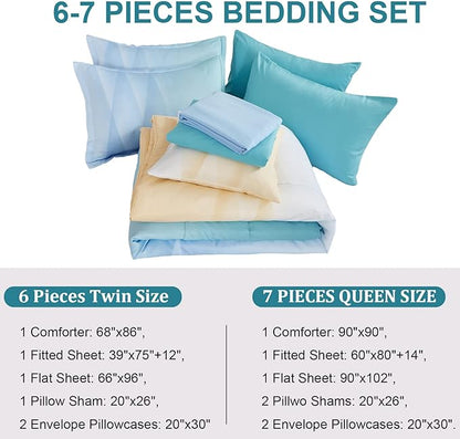 Girls Comforter Set Queen Size Colorful Ombre Blue Yellow Rainbow Bedding Set 7 Pieces Bed in A Bag for Teen Girls Women(1 Comforter, 1 Flat Sheet, 1 Fitted Sheet, 2 Pillow sham, 2 Pillowcases)