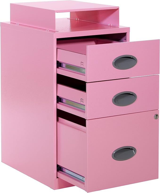 OSP Home Furnishings 3 Drawer Locking Metal File Cabinet with Top Shelf, Pink