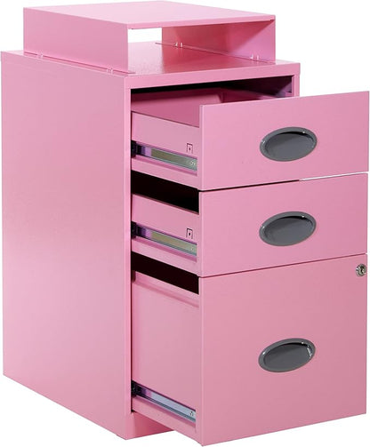 OSP Home Furnishings 3 Drawer Locking Metal File Cabinet with Top Shelf, Pink