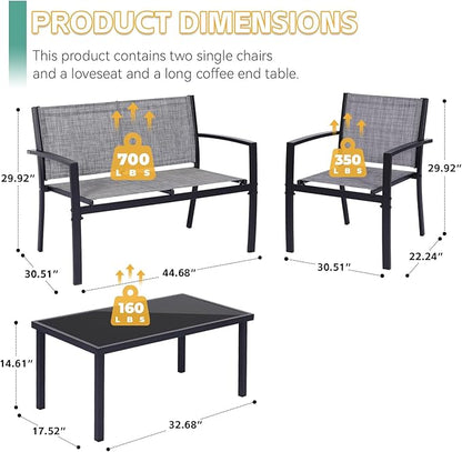 4 Pieces Patio Furniture Set Outdoor Garden Patio Conversation Sets Poolside Lawn Chairs with Tempered Glass Coffee Table Loveseat Porch Furniture Textilene Fabric Grey