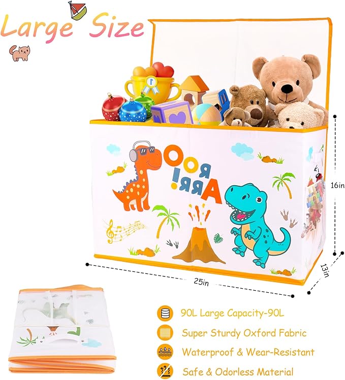 Large Toy Box Chest, Collapsible Sturdy Toy Storage Organizer for Kids, Boys, Girls, 25"x13"x16" Toy Chest Storage Bins with Lids Toy Bins Baskets Boxes for Living Room, Playroom, Nursery, White