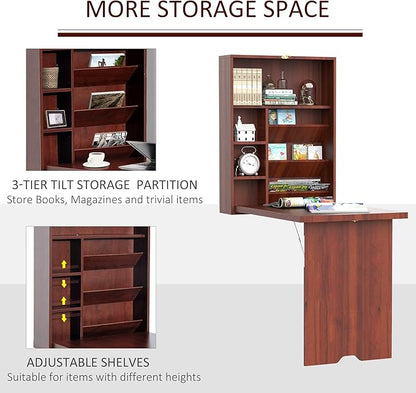 HOMCOM Compact Fold Out Wall Mounted Convertible Desk with Storage, Mahogany