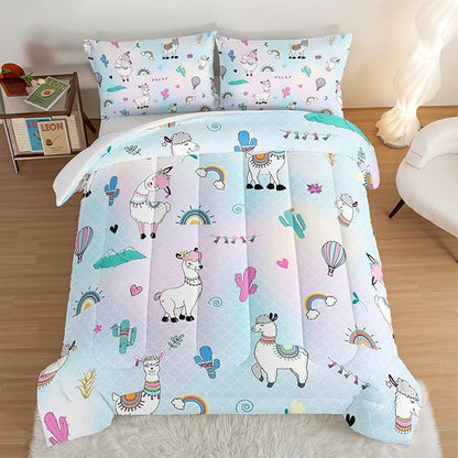 HOSIMA 3 Piece Cartoon Animal Llama Comforter,Cute Alpaca Toddler Comforter,Desert Cactus Plant Queen Comforter Set Set for Adults Kids,Fish Scales Comforter Rainbow Bedding Sets for Girls Boys.