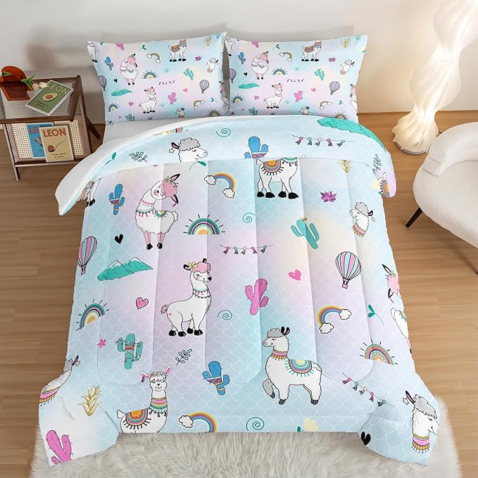 HOSIMA 3 Piece Cartoon Animal Llama Comforter,Cute Alpaca Toddler Comforter,Desert Cactus Plant Full Size Bed in a Bag Set for Adults Kids,Fish Scales Comforter Rainbow Bedding Sets for Girls Boys.