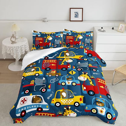 Datura home Kids Cartoon Car Comforter Set for Boys Children,Transportation Car Police Car Kawaii Animals Printed Bedding with 1 and 2 Pillowcases(Cartoon Car Queen), Queen 90x90inches
