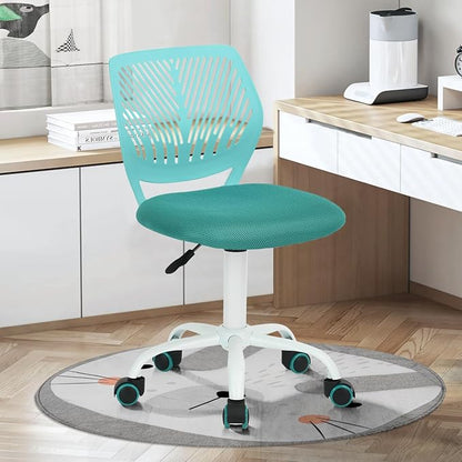 FurnitureR Desk Chair Small Study Chairs Armless for Child Kids Teens, Swivel Rolling Lightweight Task Chair with Wheels and Mesh Padded Cushion, Turquoise