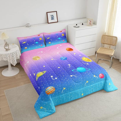 Erosebridal Cute Galaxy Comforter Set Full for Boys Girls Kids Stars Planet Space Bedding Set Kawaii Rainbow Pastel Bedding Comforter Sets Pink Blue Purple Ombre Cartoon Quilt Duvet 2 Pillow Cases