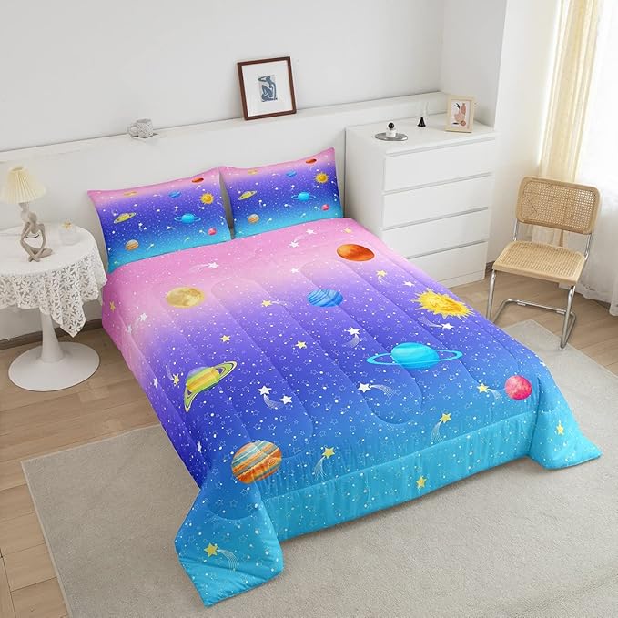 Erosebridal Space Comforter Set Twin Size for Boys Girls Kids Galaxy Stars Planet Bedding Set Kawaii Rainbow Pastel Bed Comforter Sets Pink Blue Purple Ombre Cartoon Quilt Duvet 1 Pillow Case