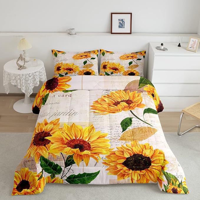 Girls Yellow Floral Bedding Sets Queen Countryside Sunflowers Comforter For Girls Women Flower Plants Duvet Set Old Letters Style Bedding Farm Garden Sunflower Print Quilted Duvet Bedroom Decor, 3Pcs