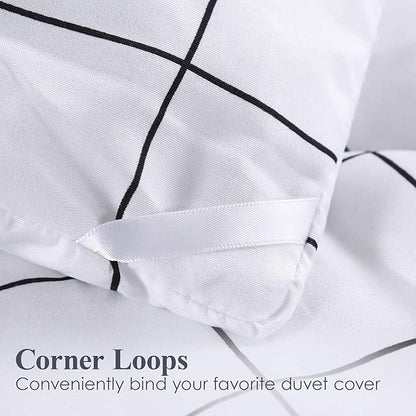 Andency White Grid Comforter Set Full Size (79x90 Inch), 3 Pieces(1 Grid Comforter and 2 Pillowcases), Summer Lightweight Microfiber Down Alternative White Comforter with Black Lines