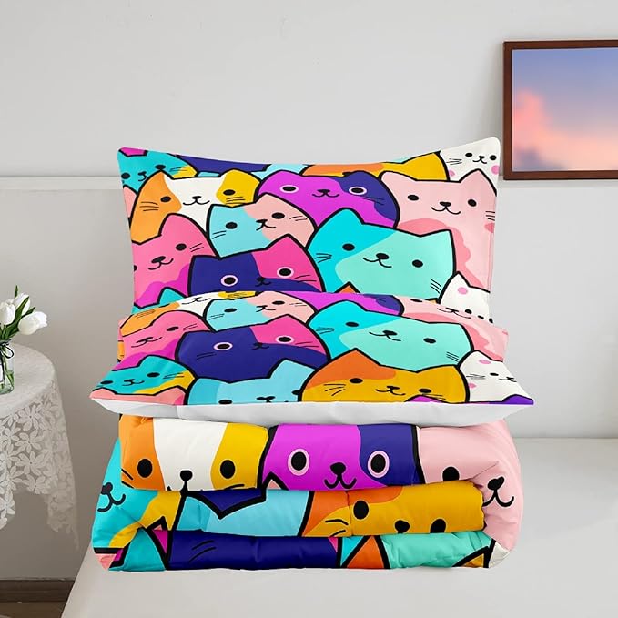 Cat Comforter Set Twin - Twin Size Comforter Set for Girls Cat Kids Cute Cat Bedding Twin Colorful Cartoon Cat Theme Bedding Sets, 1 Comforter+1 Pillowcase