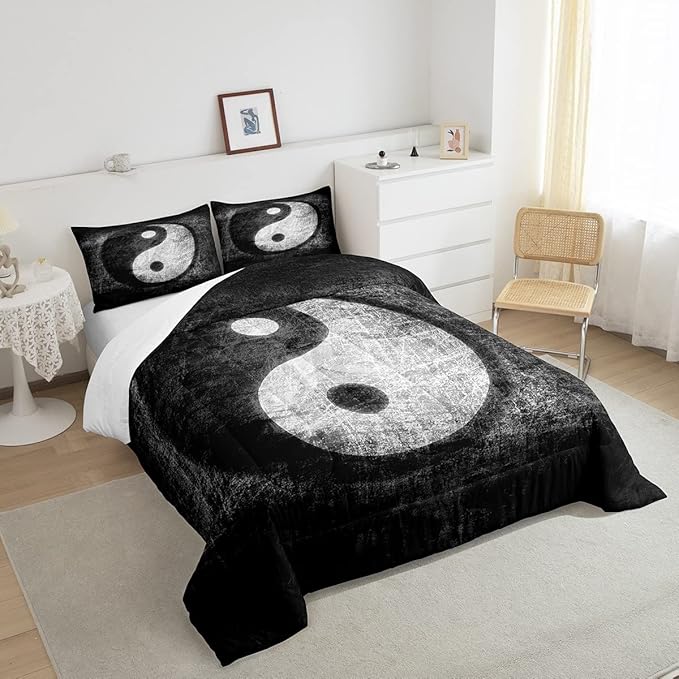 Feelyou Yin Yang Bedding Set for Girls Boys Children Boho Trippy Psychedelic Art Comforter Set Decorative Gossip Pattern Comforter Traditional Ying Yang Theme Duvet Set King Size 3Pcs