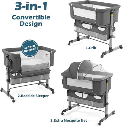 Bedside Sleeper Bedside Crib, Baby Bassinet 3 in 1 Travel Baby Crib Baby Bed with Breathable Net,Adjustable Portable Bed for Infant/Baby(Deep Grey)