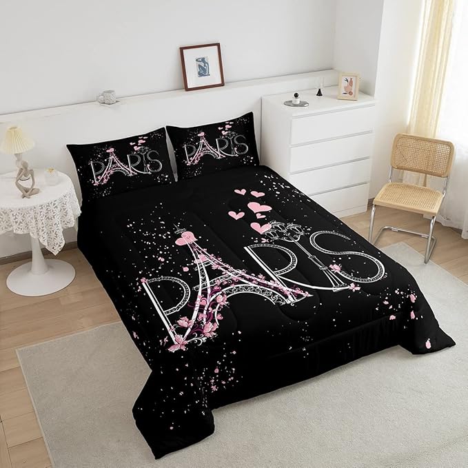 Eiffel Tower Comforter Set Chic Paris Bedding Set Romantic Theme Comforter for Boys Girls Children Teens Black Pink Bedroom Decor Modern French Style Duvet Set King Size with 2 Pillow Case