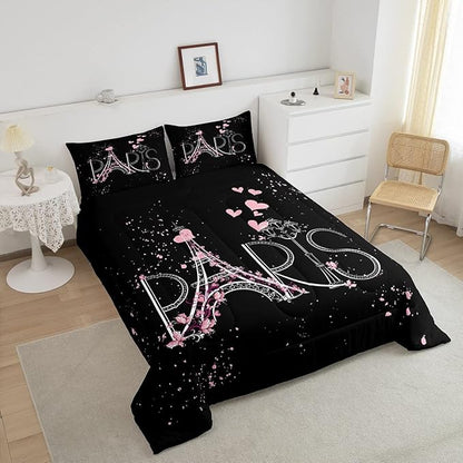 Eiffel Tower Comforter Set Chic Paris Bedding Set Romantic Theme Comforter for Boys Girls Children Teens Black Pink Bedroom Decor Modern French Style Duvet Set King Size with 2 Pillow Case