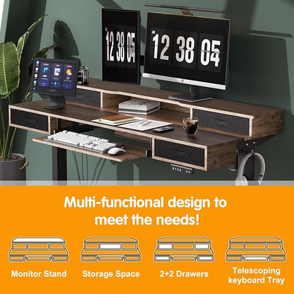 Electric Standing Desk, Multifunctional Standing Desk Adjustable Height, 63 * 24 Standing Desk with 4 Drawers, Ergonomic Adjustable Standing Desk with Keyboard Tray, Rustic Brown