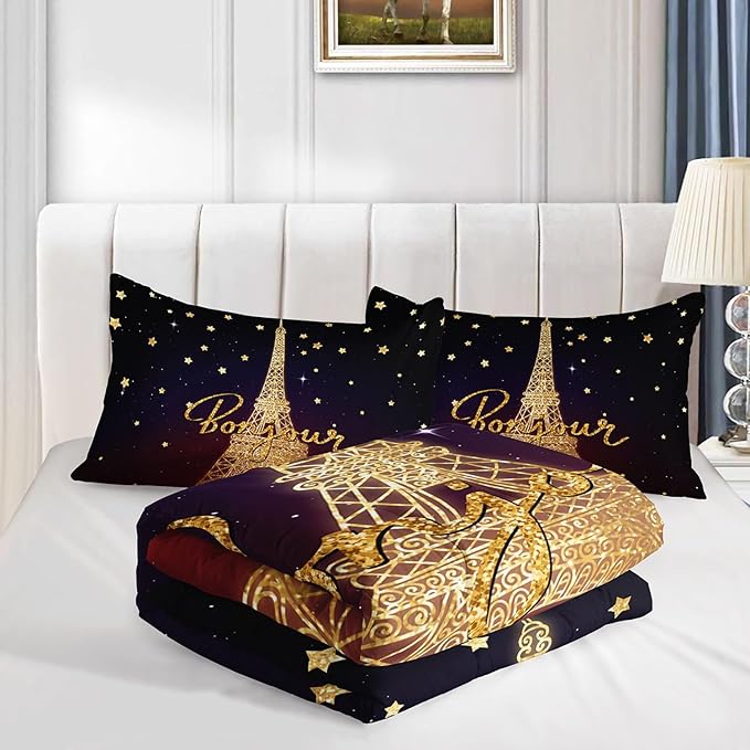 Datura home Kids Comforter Set Eiffel Tower Printed Pattern Bedding Set with 1 Comforter and 2 Pillowcases for Girls Boys Bedroom All Season(Tower Full)