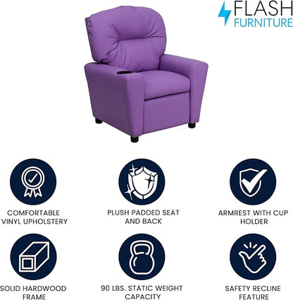 Flash Furniture Chandler Vinyl Kids Recliner with Cup Holder and Safety Recline, Contemporary Reclining Chair for Kids, Supports up to 90 lbs., Lavender