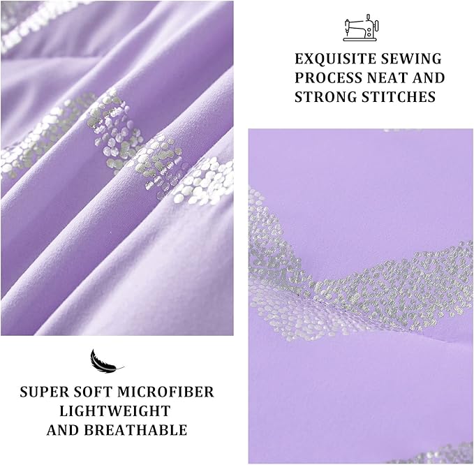Purple/Silver Comforter Set King, Lavender Metallic Print Glitter Bedding Set Cute Shinny Lilac Bed Sets for Teen Girls Kids Women, 4 Piece (2 Pillowcases, 1 Decorative Pillow Sham)