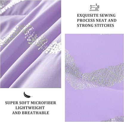Purple/Silver Comforter Set Twin, Lavender Metallic Print Glitter Bedding Set Cute Shinny Lilac Bed Sets for Teen Girls Kids Women, 3 Piece (1 Pillowcase, 1 Decorative Pillow Sham)