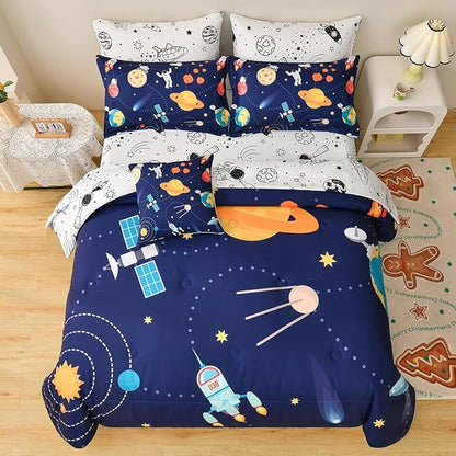 Spaceship Comforter Set Full Size, 8 Piece Bed in a Bag Rocket Space Bedding Sets for Boys Girls Kids