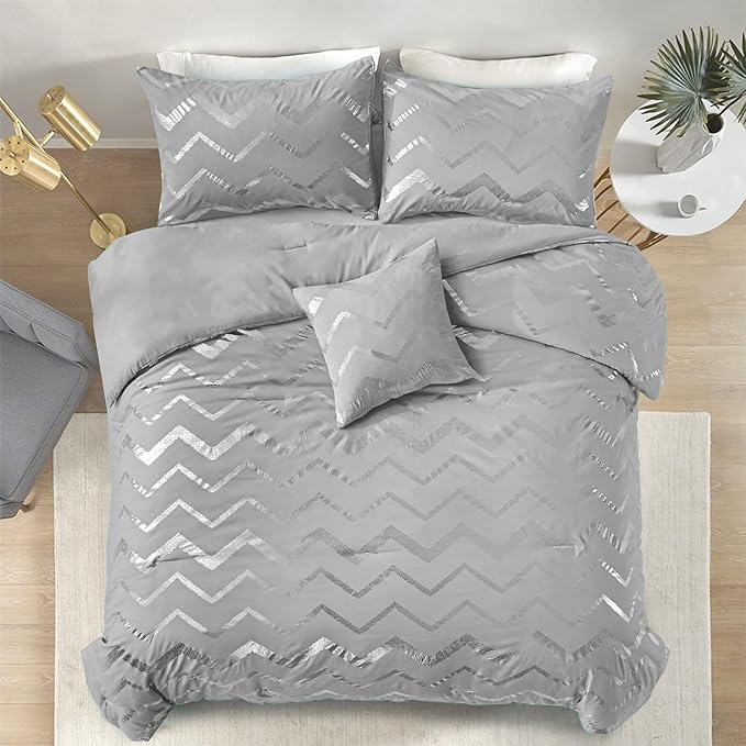 Grey and Silver Comforter Set Twin Size Metallic Print Geometric Bedding Set Lightweight Microfiber Comforter for Teen Girls Boys Women (1 Pillow Sham + 1 Decorative Pillow Sham)