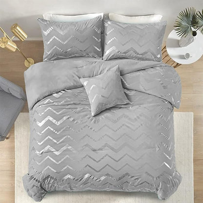 Grey and Silver Comforter Set Twin Size Metallic Print Geometric Bedding Set Lightweight Microfiber Comforter for Teen Girls Boys Women (1 Pillow Sham + 1 Decorative Pillow Sham)