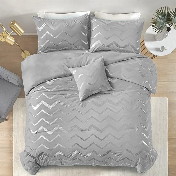 Grey and Silver Comforter Set Queen Metallic Print Geometric Bedding Set, 4 Pieces Lightweight Microfiber Bed Set for Teen Kids Boys (2 Pillow Shams + 1 Decorative Pillow Sham)