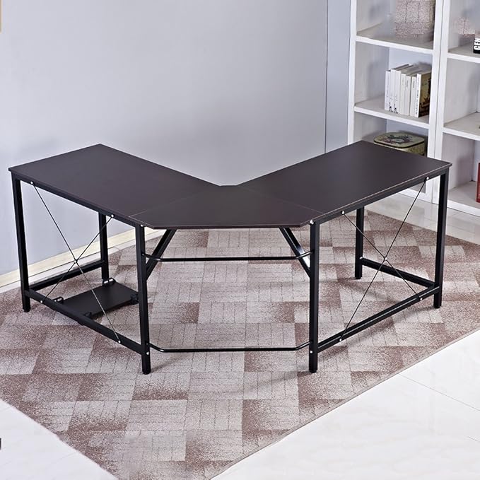 DlandHome L-Shaped Computer Desk 59 inches x 59 inches, Composite Wood and Metal, Home Office PC Laptop Study Workstation Corner Table with CPU Stand, Brown Black and Black Legs, ZJ02-BB